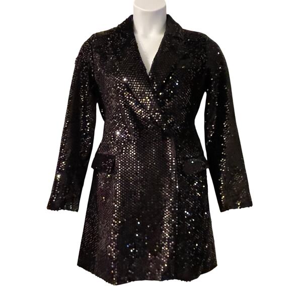 Nine West Black Velvet Sequined Double Breasted Coat Dress Size Medium NWT - Picture 1 of 5